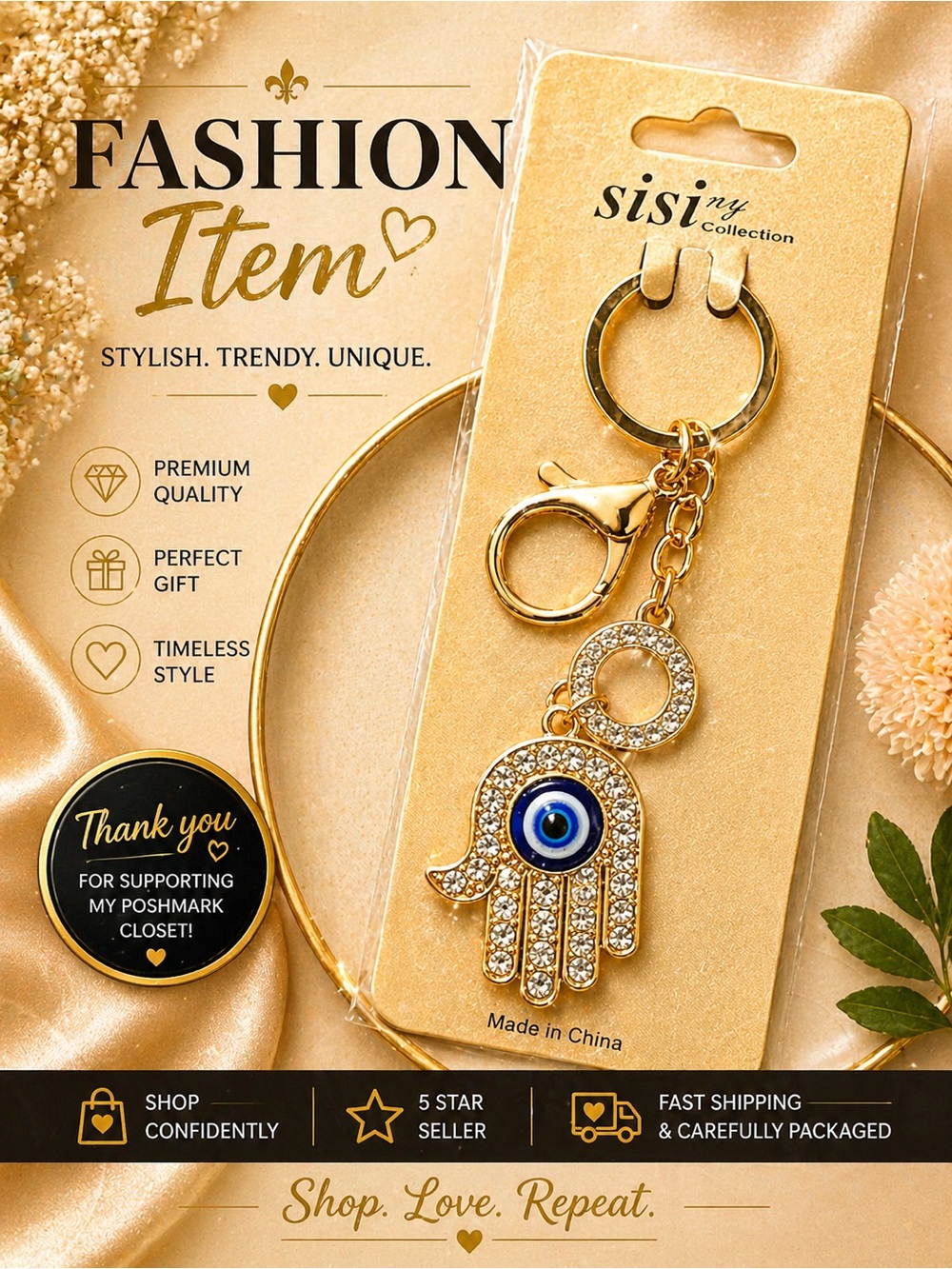 Gold Hamsa Hand Keychain with Blue Evil Eye